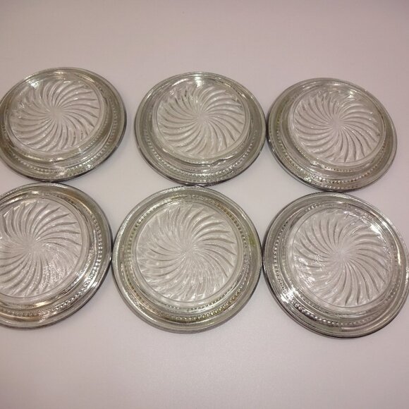 Set of 6 Vintage Park Sherman Clear Glass & Silverplate Swirl Pinwheel Coasters - Picture 6 of 9